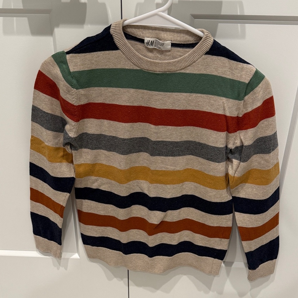 H&M Men's Crewneck Sweater in Green, Red, Mustard, Navy & Gray Stripes
